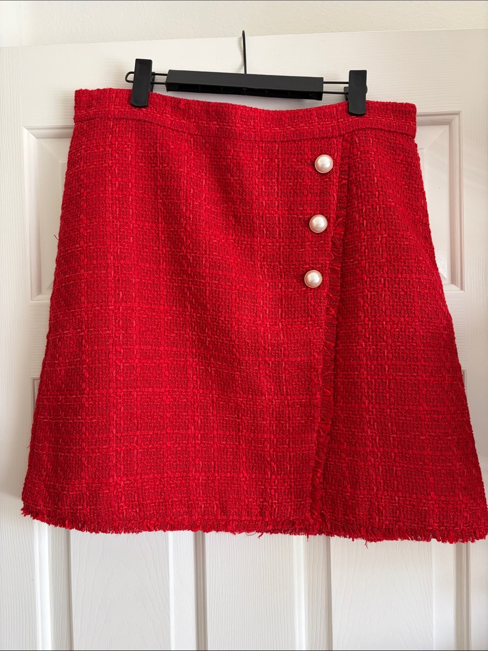 Ann Taylor Red Tweed Mini Skirt with Pearl Buttons